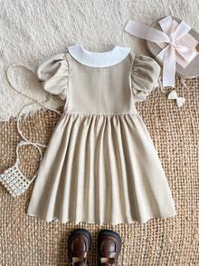 PrepCrw 一件装，少女优雅精致学院风卡其色条纹泡泡袖翻领纽扣连衣裙，适合返校、日常休闲穿着、外出、聚会、节日、春夏季节等场合。 - 卡其色 - 查看 2