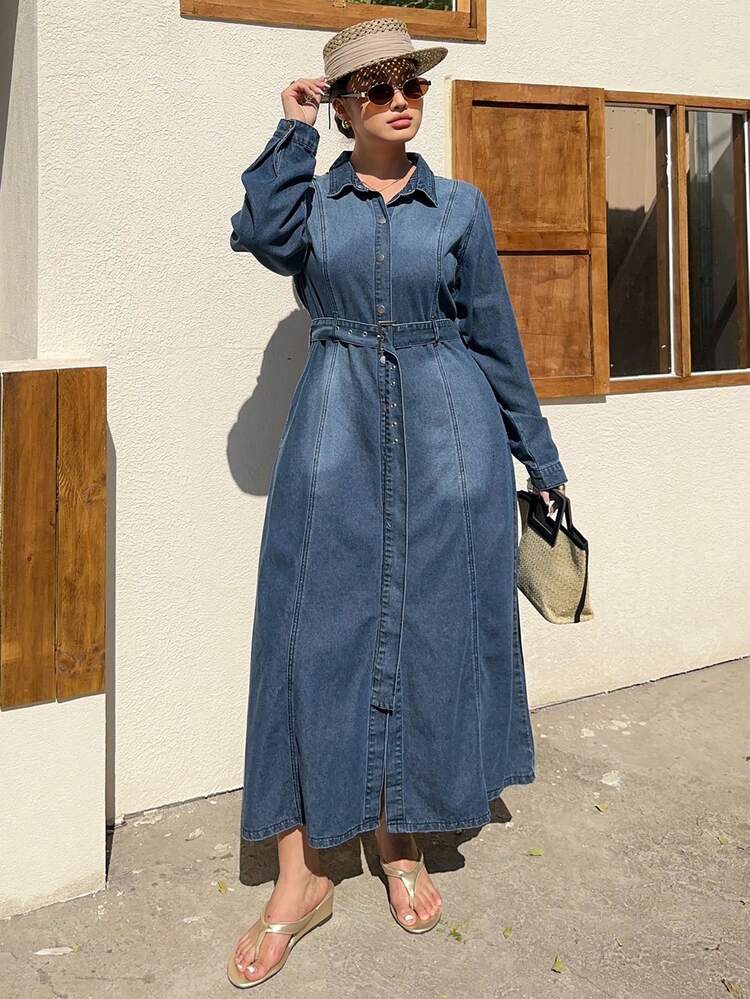 Dazy Plus Trendig tvättad vintage-klänning med sliten krage, öppen framtill, åtsittande midja och lång A-linjeformad denim, vår/höst - Mörktvätt - Visa 5