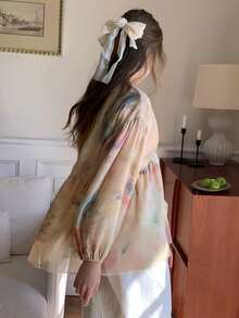 DAZY 青少年女孩V领落肩长袖宽松褶皱休闲衬衫