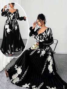 SHEIN Elenzya 大码女装时尚定位印花水钻领长袖连衣裙 - 黑色 - 查看 1