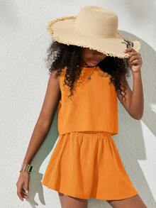 SHEIN NovaGlow Tween Girl Tween Girls' Casual Solid Color Sleeveless Woven Top And Shorts Set, Spring/Summer - Orange - View 5