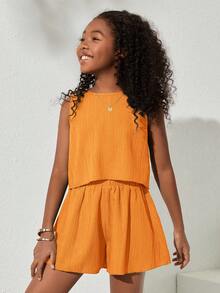 SHEIN NovaGlow Tween Girl Tween Girls' Casual Solid Color Sleeveless Woven Top And Shorts Set, Spring/Summer - Orange - View 6