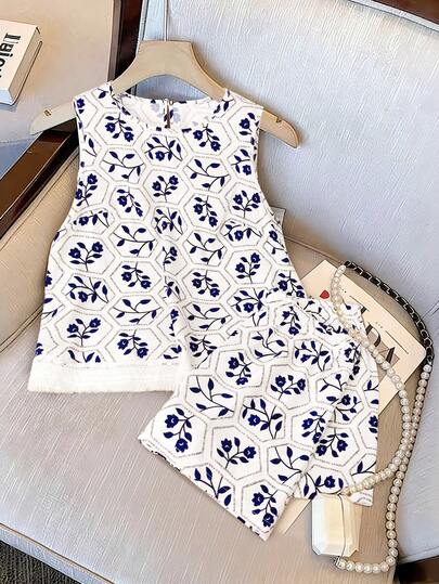 GlowEve CURVE Conjunto de 2 piezas de top sin mangas y shorts con estampado floral vintage y flecos para mujer talla grande, primavera/verano