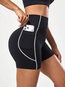 SHEIN Sports Seamless High Waist Tummy Control Workout Shorts Tummy Control Gym Shorts - Black - View 1