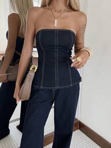 Livesso Women's Casual Loose Denim Tube Top And Wide Leg Pants Set, Vacation Style, Spring/Summer - Blue - View 5