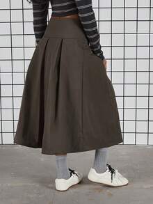 COUREZ Pleated Midi Skirt In Nylon /Y2K Spring Clothes For Women - Olive Green - View 4
