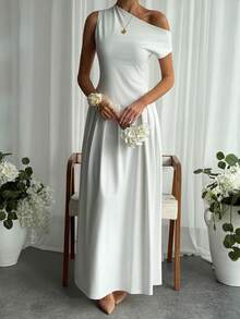 Aloruh Elegant festklänning med asymmetrisk halsringning, veckad fåll och åtsittande midja för kvinnor - Vitt - Visa 6