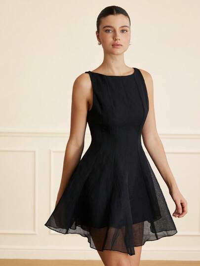 Aveloria Rosie Vestido negro sin mangas de línea A, estilo francés de alta gama, que ciñe la cintura, estilizador, elegante