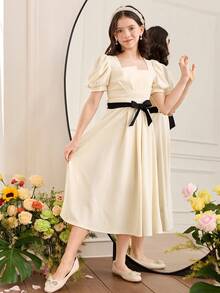 Serisse Kids 少女撞色泡泡袖收腰休闲连衣裙 - 白色 - 查看 5