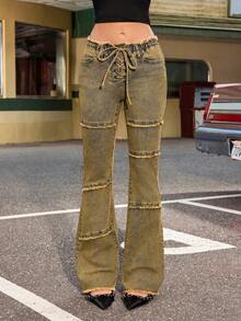 Jeanoix Quần jeans nữ Y2K kiểu dáng ống loe, buộc dây, túi xéo, gấu quần rách, có dây buộc, túi chéo. - Rửa trung bình - Xem 5