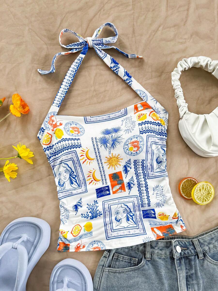 Soleia Plus Size Women's White,Summer,Boho,Vacation,Holiday Knit Hibiscus Print Halter Waist Ruched Fitted Fashion Camisole,Party,Date,Easter,Beach Cruise - Multicolor - View 1