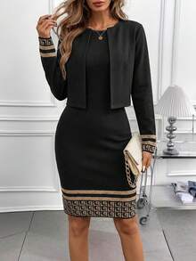 SHEIN Clasi Women's Round Neck Sleeveless Cinched Waist Elastic Knit Geometric Print Long Sleeve Cardigan, Elegant For Daily Wear And Commute, Autumn/Winter 2-Piece Set Women's Sets Plaid Print Black, Work Suit, Office Attire - Black and White - View 6