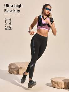 Exploreva Women's Outdoor Sports Reflective Stripe Pocket Zipper Black Yoga Leggings - Black - View 7