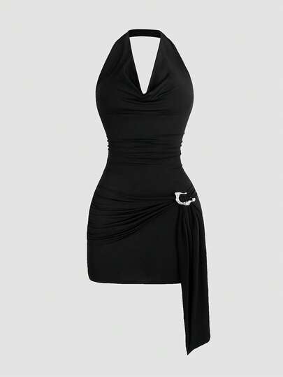 Sweetra Vestido mini elegante y casual de mujer con cuello en V, sin mangas, drapeado y decoración de hebilla metálica, para primavera/verano