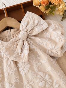 SHEIN Đầm dệt màu trơn cổ tròn trang trí nơ cho bé gái - Hồng - Xem 6