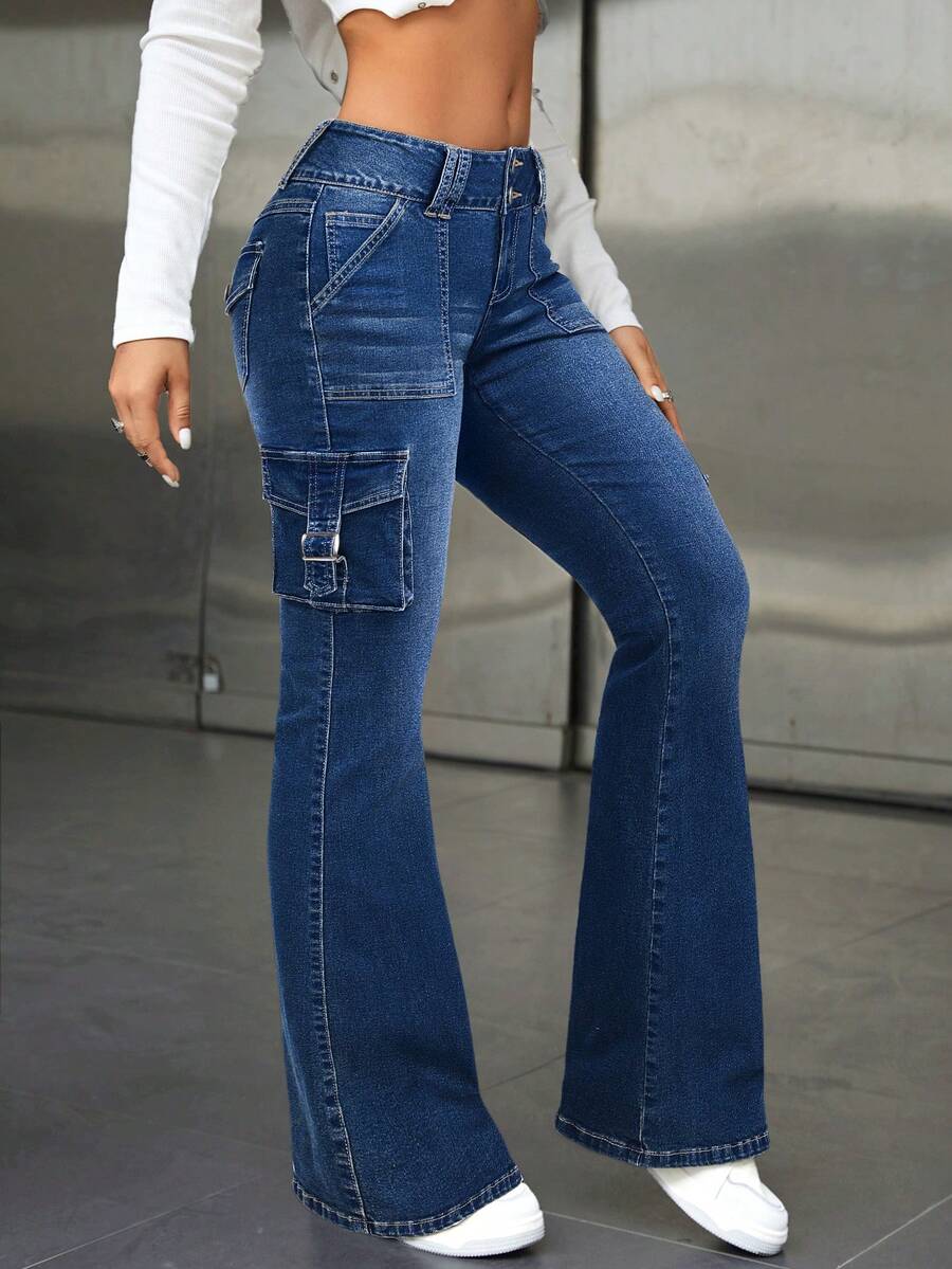SHEIN ICON Quần jeans ống loe phong cách thường ngày dành cho nữ, kiểu dáng đường phố cổ điển, thích hợp cho công sở. - Rửa tối - Xem 1