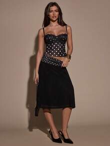 SHEIN BAE Women's Low-Waist Polka Dot Splicing Pleated Slim Fit Polka Dot Printed Women's Skirt - Black - View 2