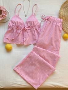 Comfortcana 女士两件套编织条纹休闲度假套装，春夏款 - 粉色 - 查看 6