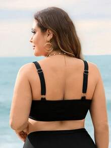 Swim Lushoire 大码女士纯色罗纹面料泳衣，可调节肩带，可拆卸胸垫，胸部褶皱设计，休闲时尚沙滩风连体泳衣 - 黑色 - 查看 2