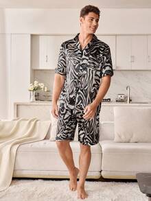 CoupledUp Zebra Print Faux Silk Short Sleeve Shorts Men Pajama Set - Multicolor - View 6