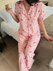SHEIN Napfluff Pink Cute Heart & Bow Print Short Sleeve Pajama Set - Pink - View 6