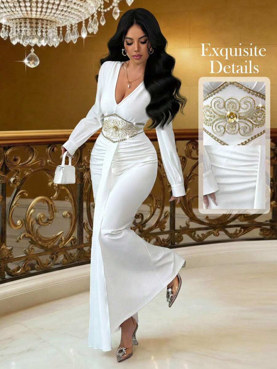 Elenzga Vestido ajustado largo de Body con diseño de cintura, cuello en V y mangas abullonadas con volantes elegantes para mujer, primavera - Blanco - Ver 1