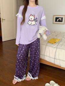 DAZY 2件套毛绒小狗图案宽松长袖T恤和蕾丝拼接蝴蝶结印花长裤睡衣套装，女士秋季款 - 紫色 - 查看 3