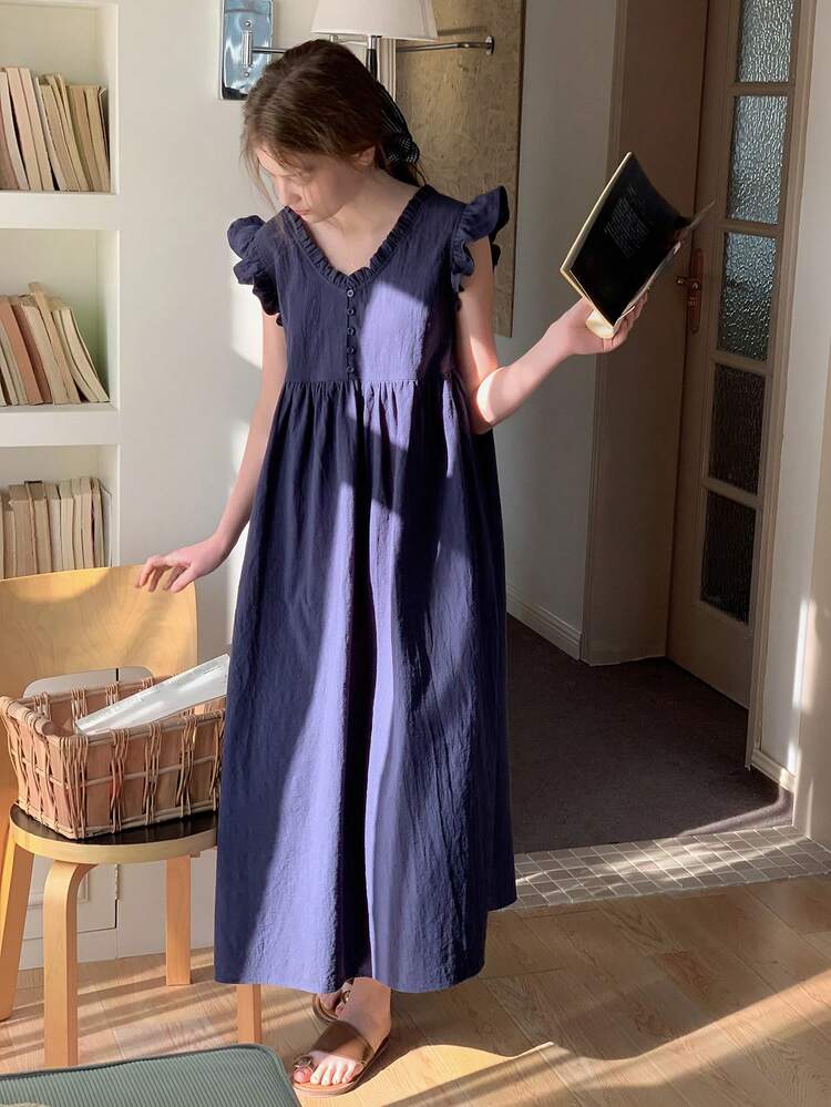 Teen Girls' Casual Solid Color V-Neck Cap Sleeve Dress
