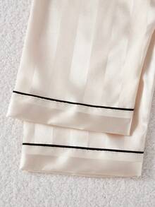 Tween Girls Pajamas-2 Piece Pajama Set Heart Embroidery Satin Look Champagne Pink Button Front Notch Collar Long Sleeve Top Long Pants Contrast Black Piping Sleepwear Four Seasons Holiday 2026 Essential Gift Cozy Versatile - Champagne - View 8