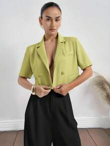 Aveloria Modichic Nueva chaqueta de mujer con diseño de espalda cruzada, cuello de solapa, cintura corta y mangas cortas, de tela texturizada, con estilo minimalista, elegante, sofisticado y vintage, de lujo - Verde - Ver 8