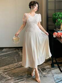 DAZY Women's Long Lace Hollow-Out Puff Sleeve V-Neck Waist Cinched Dress - Apricot - View 4