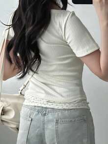 DAZY 女士拼接二合一修身短袖T恤，白色，春夏款 - 白色 - 查看 2