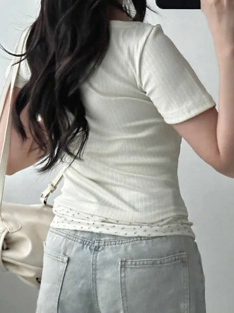 Women's Patchwork 2 In 1 Fitted Short Sleeve T-Shirt, White, Spring/Summer