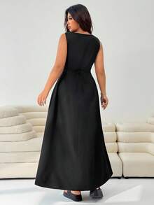 Solflare 夏季大码纯色前扣无袖休闲连衣裙 - 黑色 - 查看 8