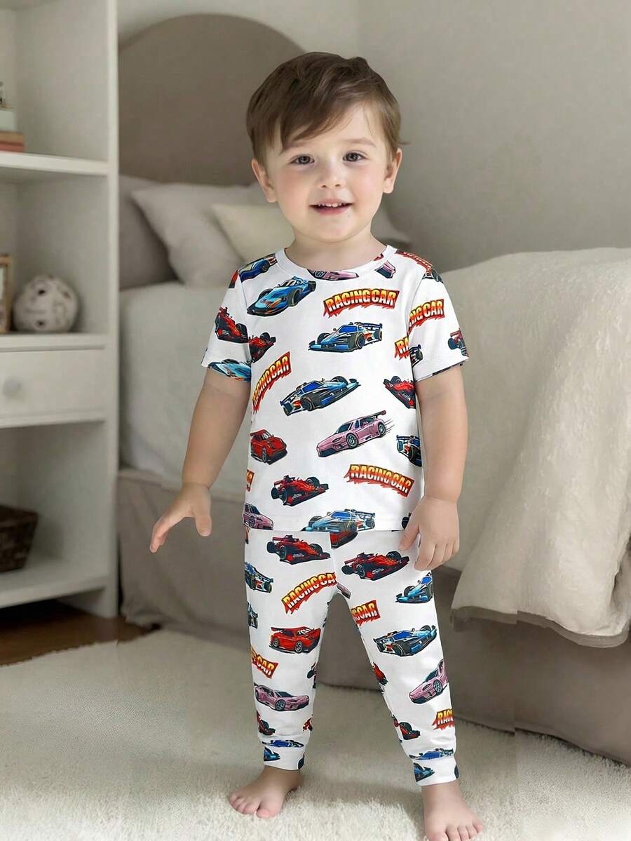 SHEIN Baby Boy Racecar Cartoon Print Casual Minimalist Snug Fit Crew Neck Short Sleeve Pants Pajama Set, Suitable For All Seasons - Multicolor - View 1