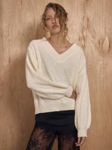 MUSERA Deep V Neck Loose Fit Fluffy Knit Jumper Winter NewYear Cute Sexy Going Out Evening Party Accented - White - View 1