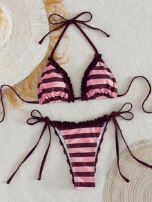 Swim Mod 2pcs/Set Green Floral Print Sexy Backless Halter Tie Swimwear Set For Women, Summer - Pink - View 3