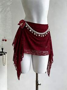 Sweetra Chân váy mini xòe dáng vintage thanh lịch, gợi cảm với họa tiết ren phối ghép, vạt áo xếp ly bất đối xứng, thích hợp cho tiệc Valentine. - Màu Đỏ Sâu - Xem 3