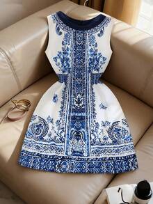 Franclia 女士优雅复古印花无袖连衣裙，夏季 - 彩色 - 查看 4