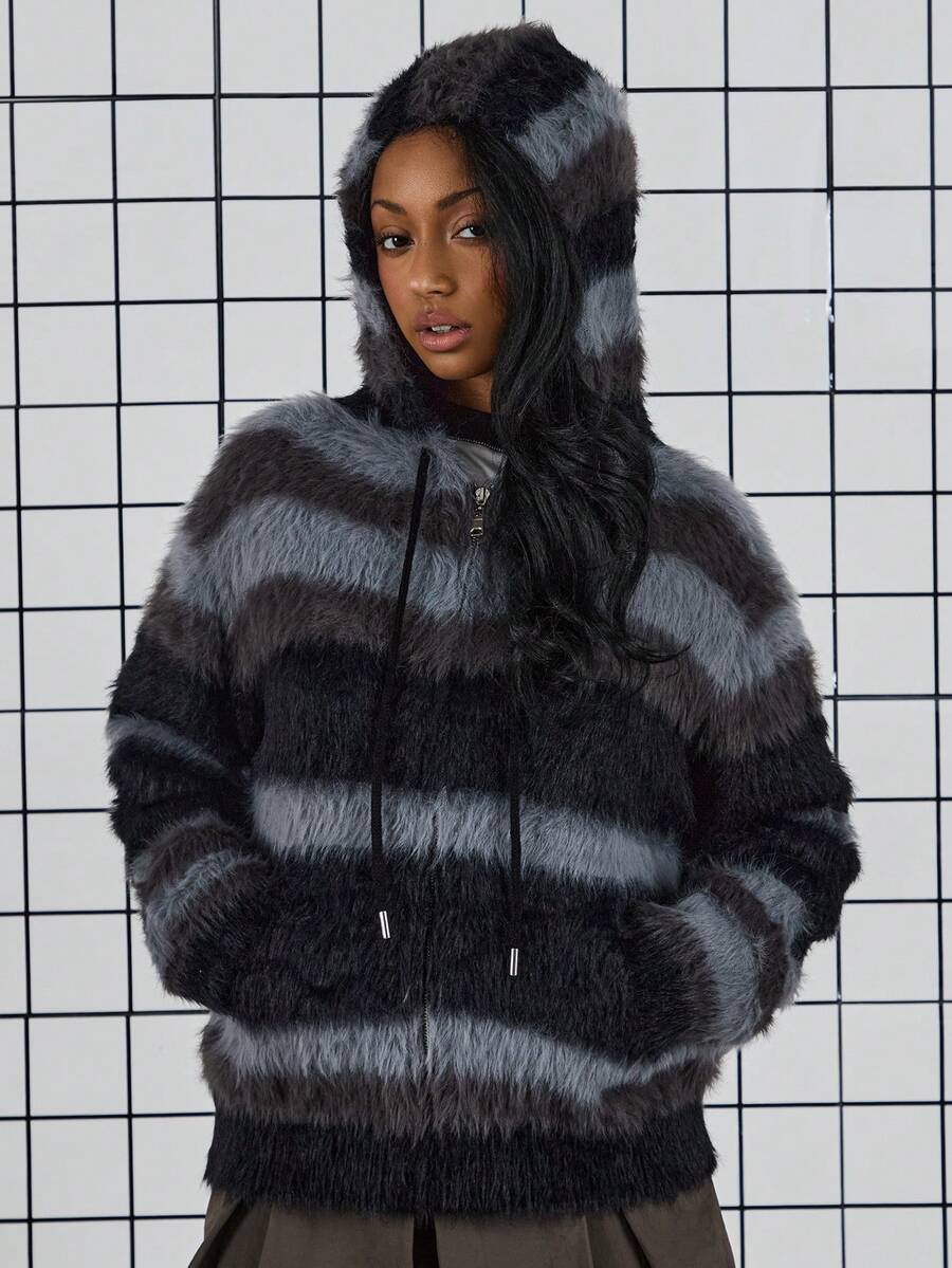 COUREZ Brushed Knit Ombre Hoodie  
Brushed Knit Ombre Hoodie /Y2K Spring Clothes For Women Fluffy Knit Cozy Going Out Outfits Back To School Summer Tops Summer Outfits - Multicolor - View 1