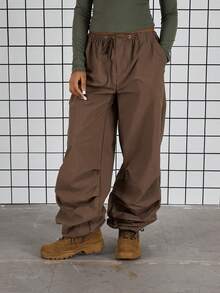 COUREZ Low Rise Slim Fit Parachute Trousers /Y2K Spring Clothes For Women Brown Baggy Trousers Casual Back To School Going Out Outfit - Coffee Brown - View 4