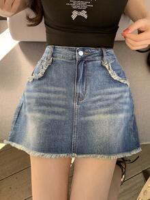 DAZY 女士高腰带口袋毛边休闲短牛仔裙裤 - 中等水洗藍 - 查看 9