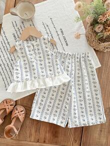 SHEIN 女婴可爱碎花吊带背心和裤子套装，夏季假期 - 彩色 - 查看 7