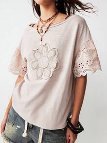 Bohemela 女士休闲纯色针织圆领短袖宽松T恤 - 粉色 - 查看 5