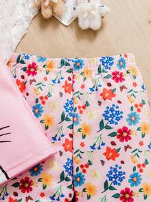 SHEIN 两件套女婴可爱休闲卡通兔子荷叶袖上衣和碎花裤夏季套装，女童服装套装，女婴休闲裤套装，女婴卡通服装 - 粉色 - 查看 3
