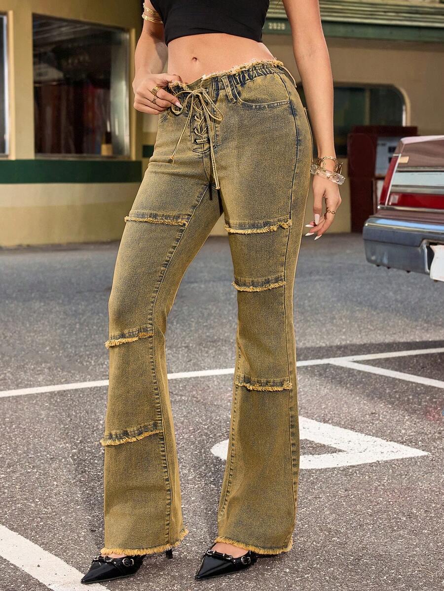 Jeanoix Quần jeans nữ Y2K kiểu dáng ống loe, buộc dây, túi xéo, gấu quần rách, có dây buộc, túi chéo. - Rửa trung bình - Xem 1