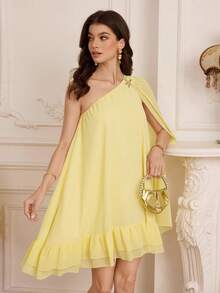 Modelyn Women's Solid Color Metal Decor Asymmetric Neckline Short Dress - Yellow - View 6