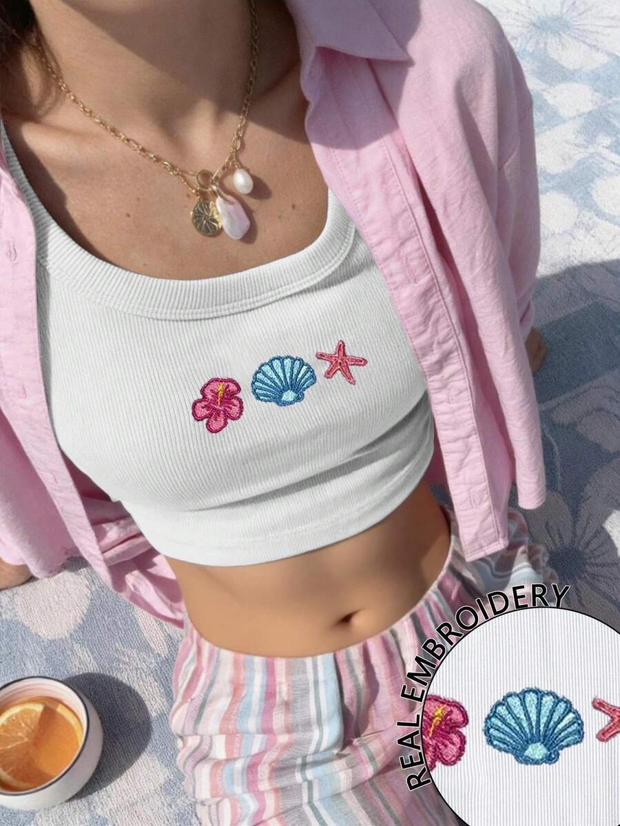 INAWLY Áo tank top cổ tròn dành cho nữ với họa tiết thêu hoa Hawaii, vỏ sò và sao biển. - trắng - Xem 1