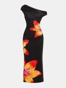 Tween Girl Fashionable Elegant Printed Asymmetric-Shoulder Spaghetti Strap Dress, Suitable For Summer Beach Vacation - Black - View 6