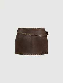 ROMWE Hippie Sexy Riveted PU Leather Mini Skirt - Brown - View 3
